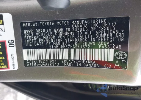 2017 Toyota Corolla Le z USA, uszkodzony, nr VIN 2T1BURHE7HC944672